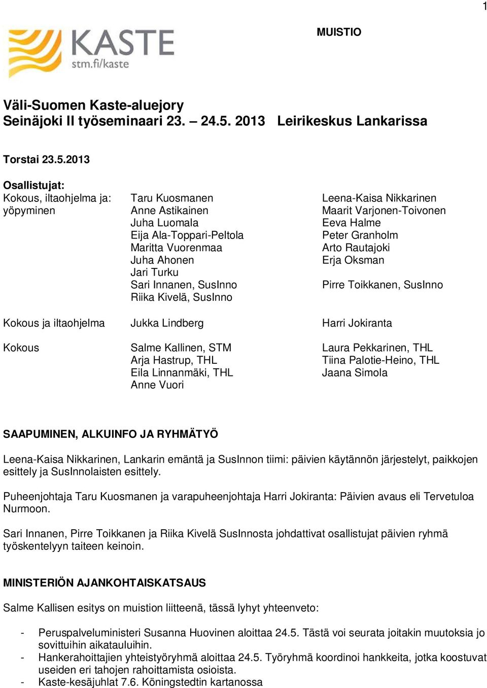 2013 Osallistujat: Kokous, iltaohjelma ja: Taru Kuosmanen Leena-Kaisa Nikkarinen yöpyminen Anne Astikainen Maarit Varjonen-Toivonen Juha Luomala Eeva Halme Eija Ala-Toppari-Peltola Peter Granholm