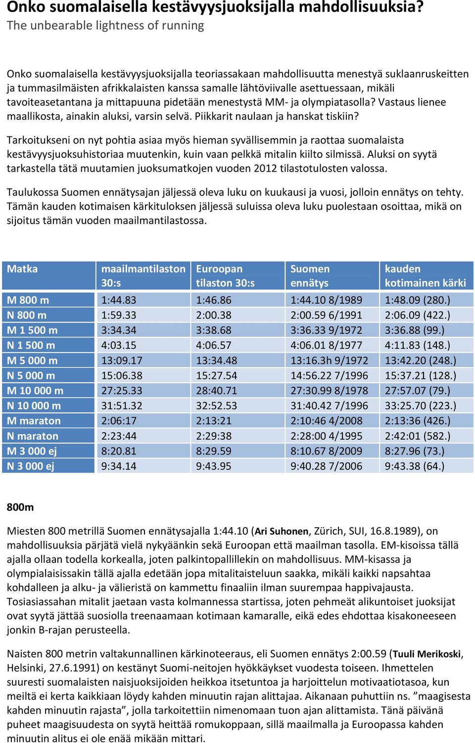 asettuessaan, mikäli tavoiteasetantana ja mittapuuna pidetään menestystä MM- ja olympiatasolla? Vastaus lienee maallikosta, ainakin aluksi, varsin selvä. Piikkarit naulaan ja hanskat tiskiin?