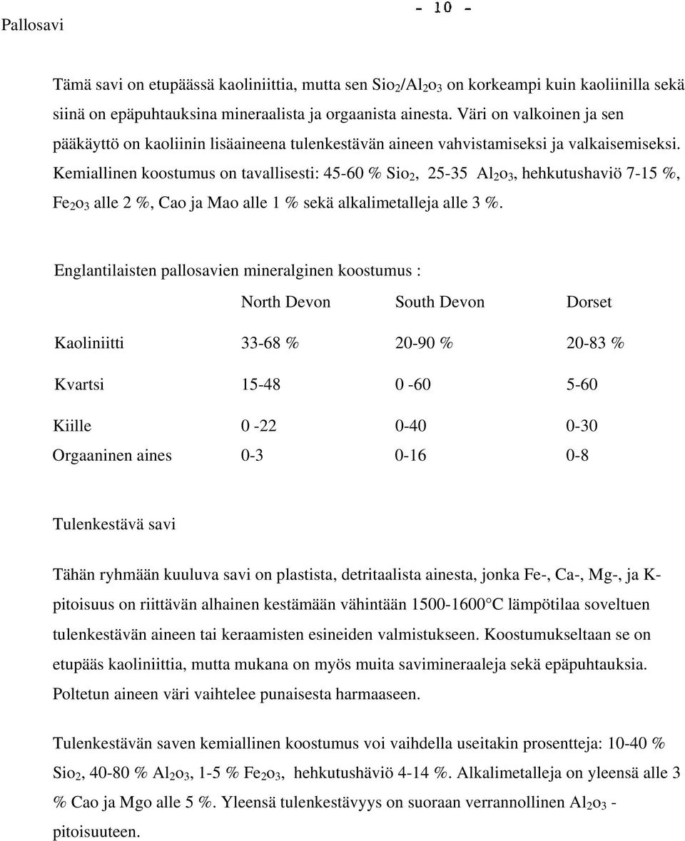 Kemiallinen koostumus on tavallisesti: 45-60 % Sio 2, 25-35 Al 2 o 3, hehkutushaviö 7-15 %, Fe 2 o 3 alle 2 %, Cao ja Mao alle 1 % sekä alkalimetalleja alle 3 %.