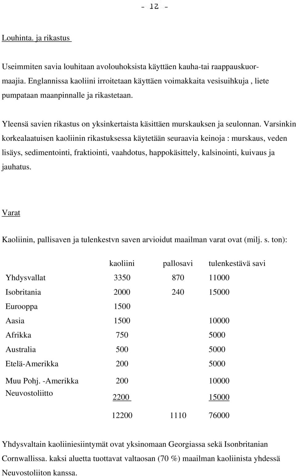 Varsinkin korkealaatuisen kaoliinin rikastuksessa käytetään seuraavia keinoja : murskaus, veden lisäys, sedimentointi, fraktiointi, vaahdotus, happokäsittely, kalsinointi, kuivaus ja jauhatus.