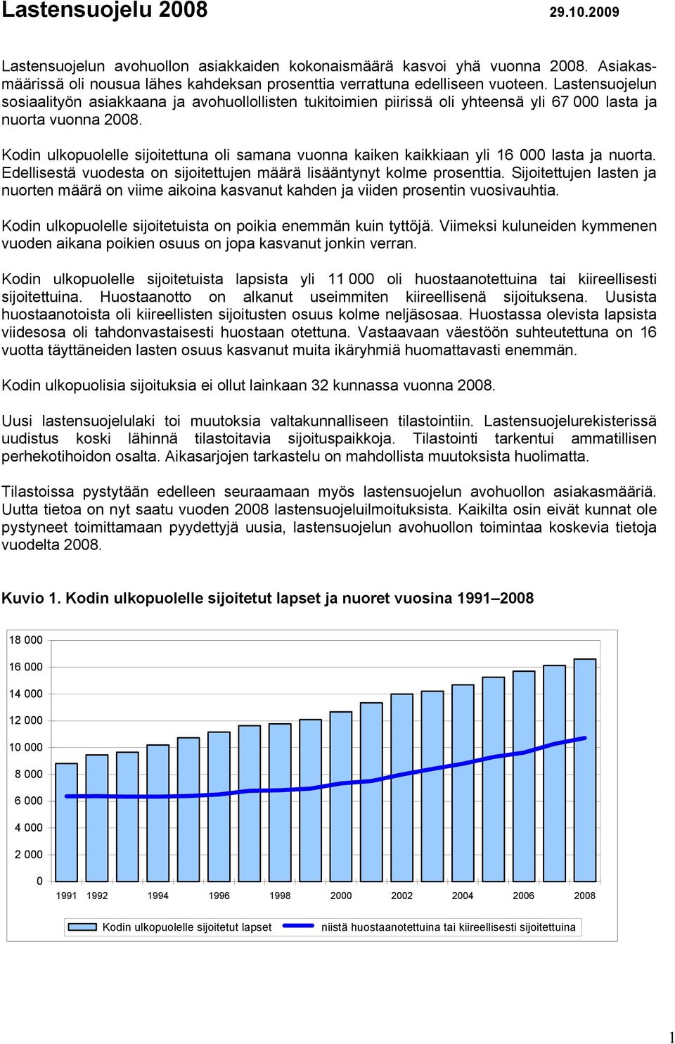 Kodin ulkopuolelle sijoitettuna oli samana vuonna kaiken kaikkiaan yli 16 000 lasta ja nuorta. Edellisestä vuodesta on sijoitettujen määrä lisääntynyt kolme prosenttia.