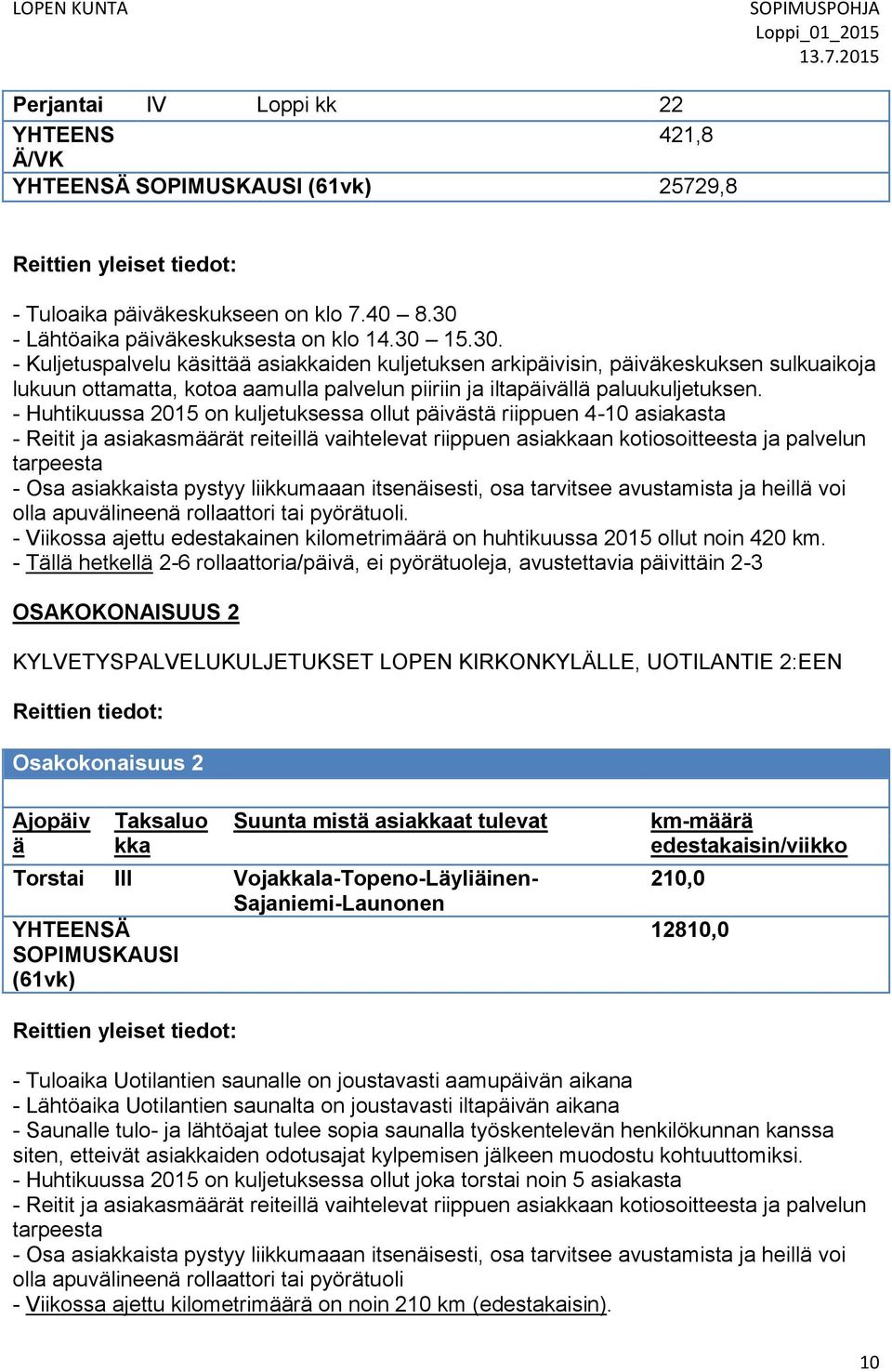 15.30. - Kuljetuspalvelu käsittää asiakkaiden kuljetuksen arkipäivisin, päiväkeskuksen sulkuaikoja lukuun ottamatta, kotoa aamulla palvelun piiriin ja iltapäivällä paluukuljetuksen.