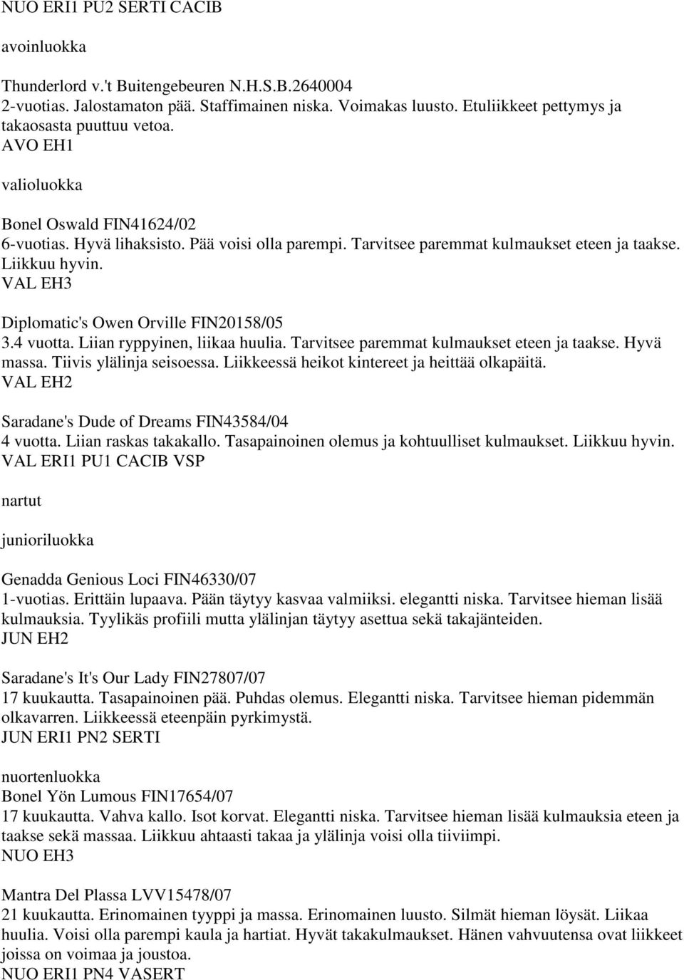 4 vuotta. Liian ryppyinen, liikaa huulia. Tarvitsee paremmat kulmaukset eteen ja taakse. Hyvä massa. Tiivis ylälinja seisoessa. Liikkeessä heikot kintereet ja heittää olkapäitä.