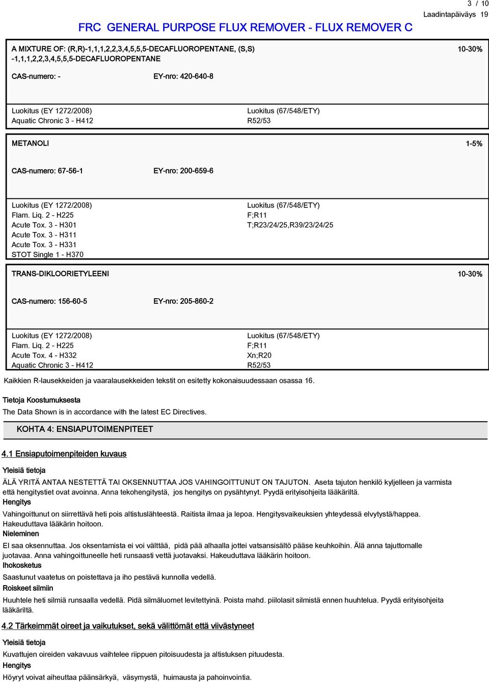 3 - H331 STOT Single 1 - H370 Luokitus (67/548/ETY) F;R11 T;R23/24/25,R39/23/24/25 TRANS-DIKLOORIETYLEENI 10-30% CAS-numero: 156-60-5 EY-nro: 205-860-2 Luokitus (EY 1272/2008) Flam. Liq.