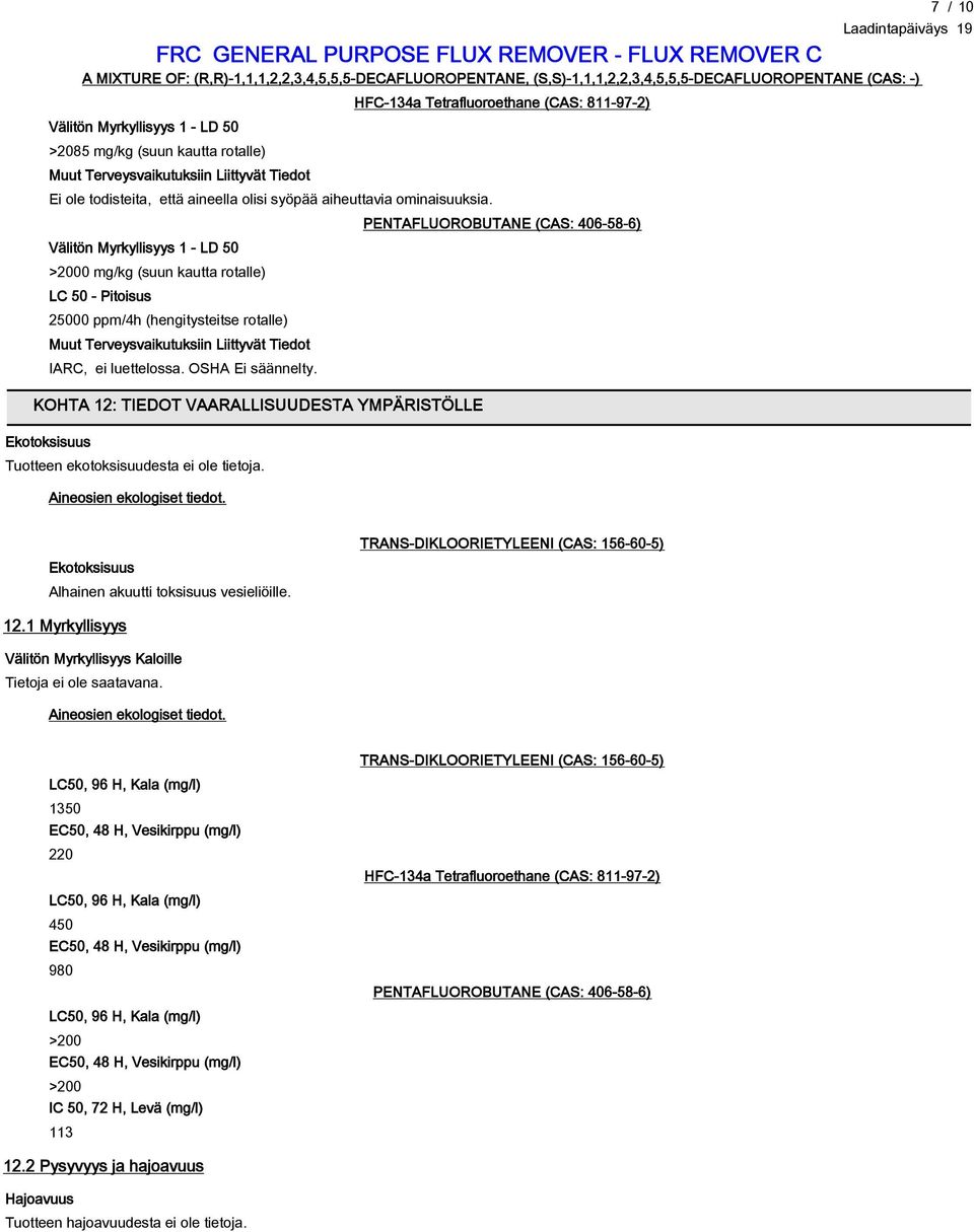 Välitön Myrkyllisyys 1 - LD 50 >2000 mg/kg (suun kautta rotalle) LC 50 - Pitoisus 25000 ppm/4h (hengitysteitse rotalle) Muut Terveysvaikutuksiin Liittyvät Tiedot IARC, ei luettelossa.