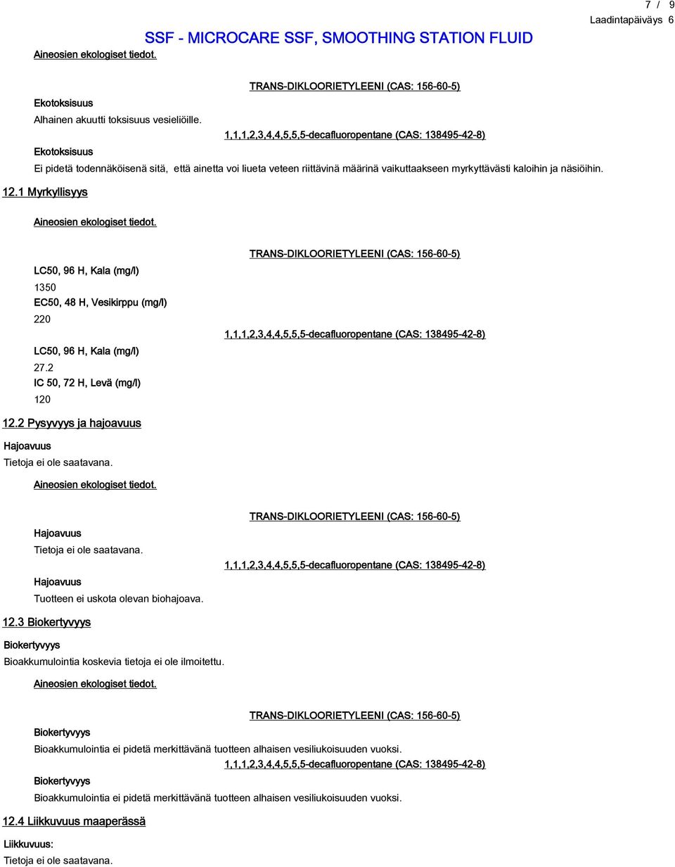 1 Myrkyllisyys LC50, 96 H, Kala (mg/l) 1350 EC50, 48 H, Vesikirppu (mg/l) 220 LC50, 96 H, Kala (mg/l) 27.2 IC 50, 72 H, Levä (mg/l) 120 12.2 Pysyvyys ja hajoavuus Hajoavuus Tietoja ei ole saatavana.