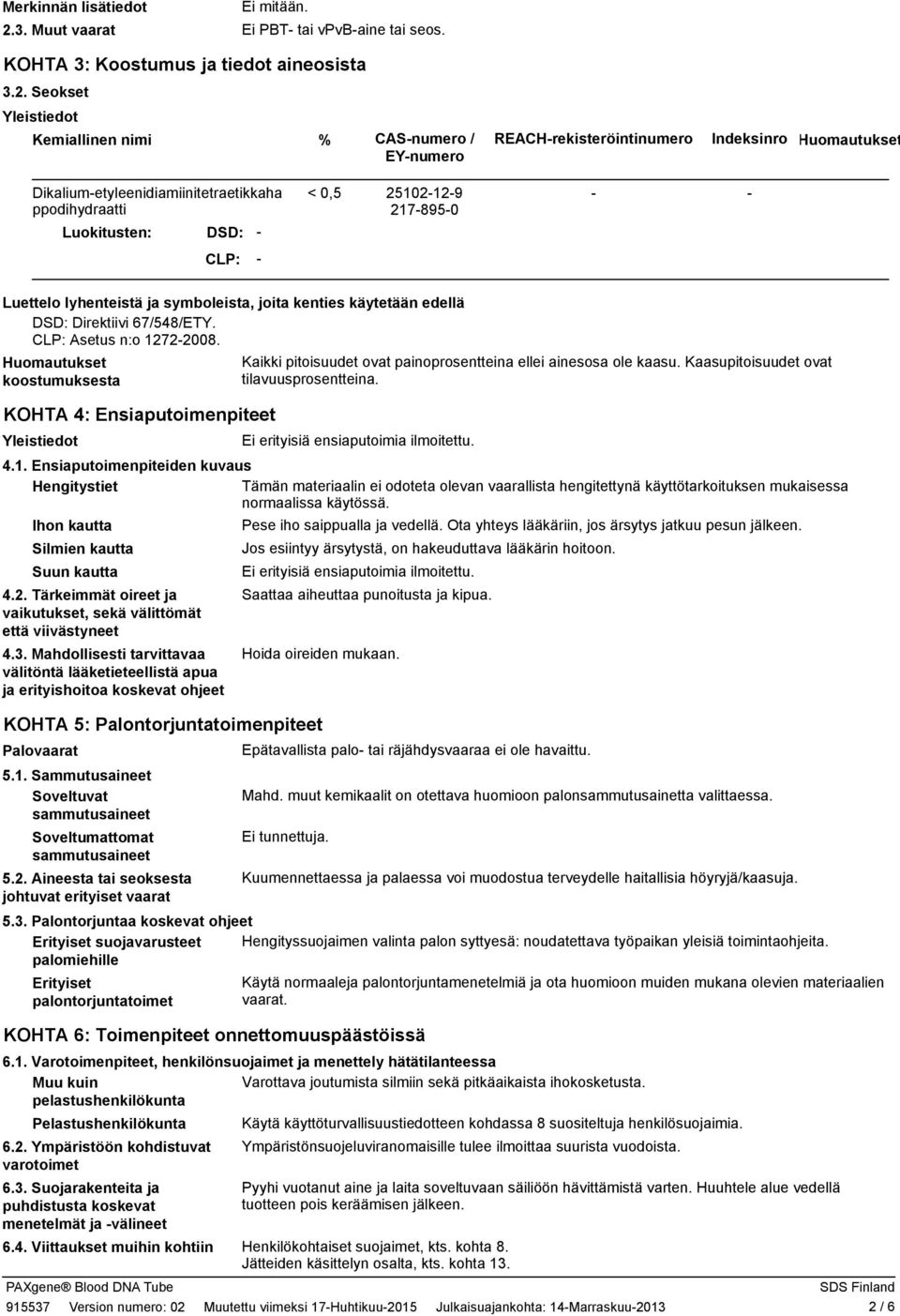 Seokset Kemiallinen nimi % CASnumero / EYnumero REACHrekisteröintinumero Indeksinro Huomautukset Dikaliumetyleenidiamiinitetraetikkaha ppodihydraatti Luokitusten: DSD: < 0,5 25102129 2178950 CLP: