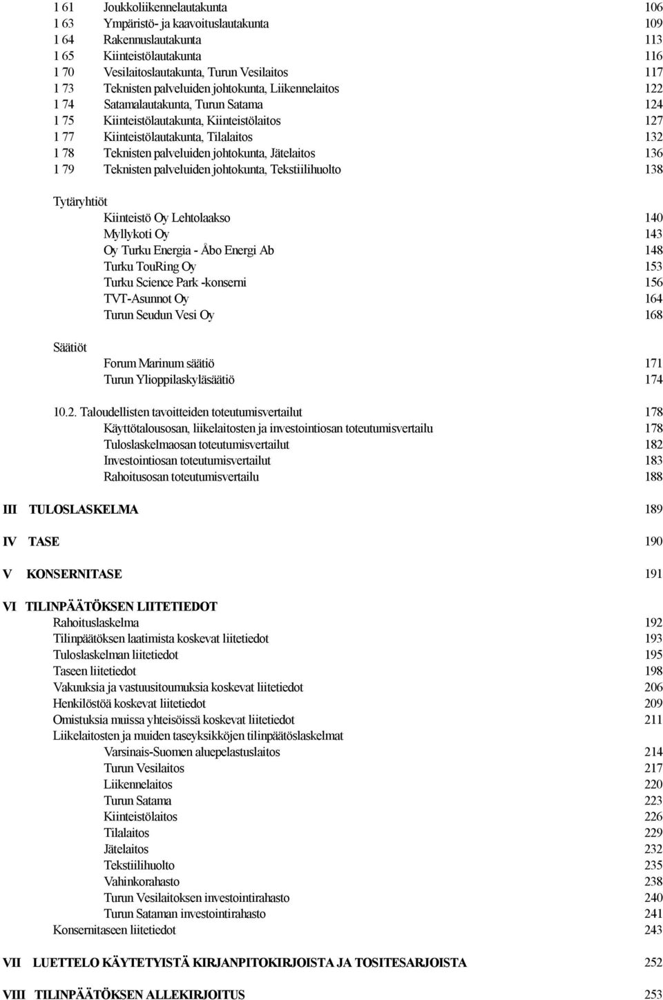 johtokunta, Jätelaitos 136 1 79 Teknisten palveluiden johtokunta, Tekstiilihuolto 138 Tytäryhtiöt Kiinteistö Oy Lehtolaakso 140 Myllykoti Oy 143 Oy Turku Energia - Åbo Energi Ab 148 Turku TouRing Oy