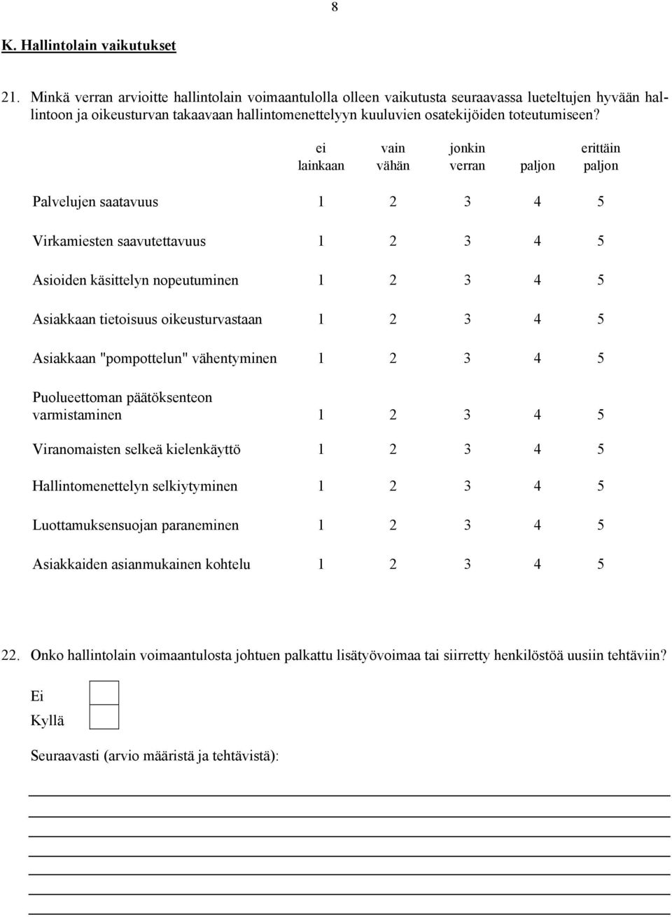 ei vain jonkin erittäin lainkaan vähän verran paljon paljon Palvelujen saatavuus 1 2 3 4 5 Virkamiesten saavutettavuus 1 2 3 4 5 Asioiden käsittelyn nopeutuminen 1 2 3 4 5 Asiakkaan tietoisuus