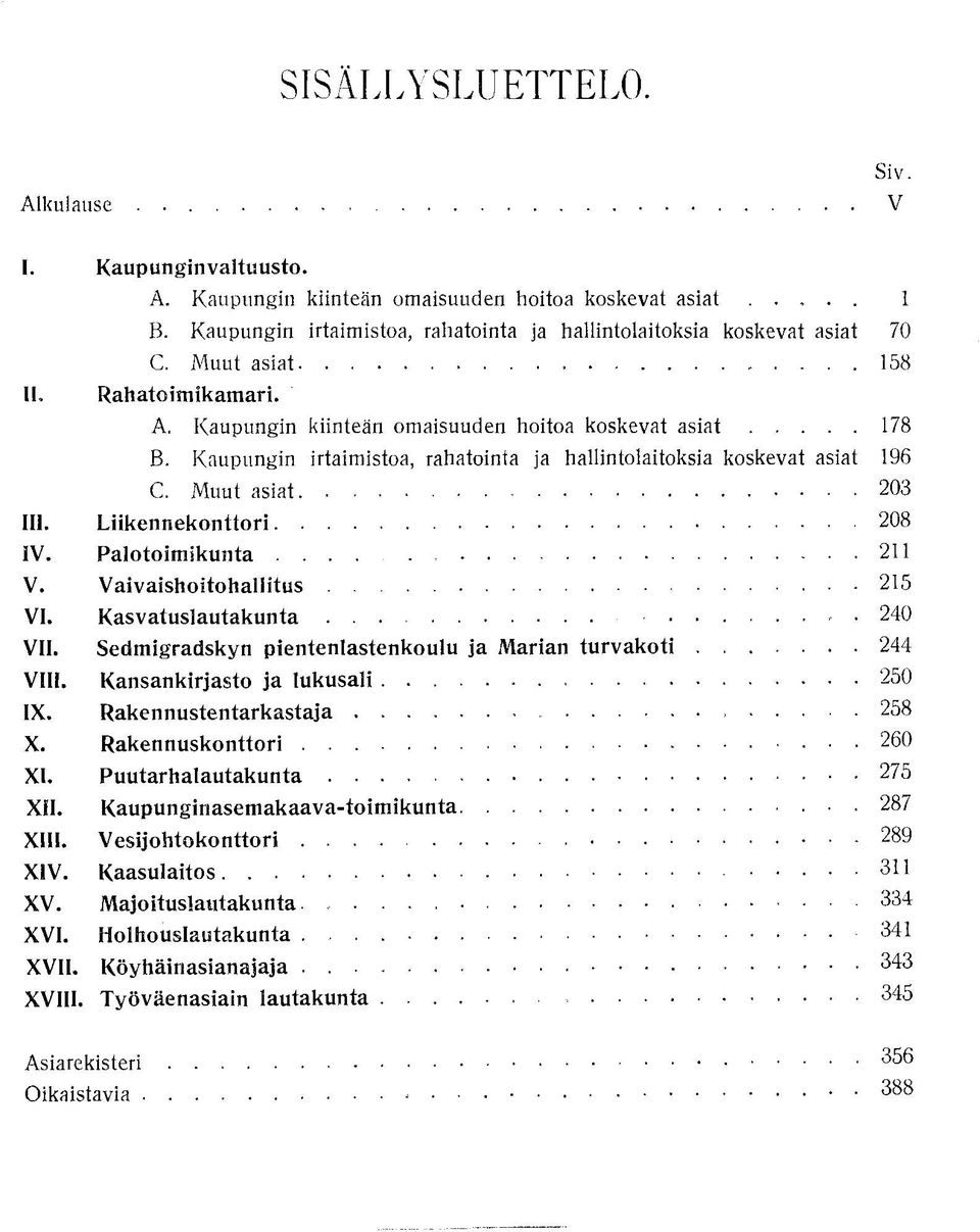 Palotoimikunta V. Vaivaishoitohallitus VI. Kasvatuslautakunta VII. Sedmigradskyn pientenlastenkoulu ja Marian turvakoti VIII. Kansankirjasto ja lukusali. IX. Rakennustentarkastaja *. X.