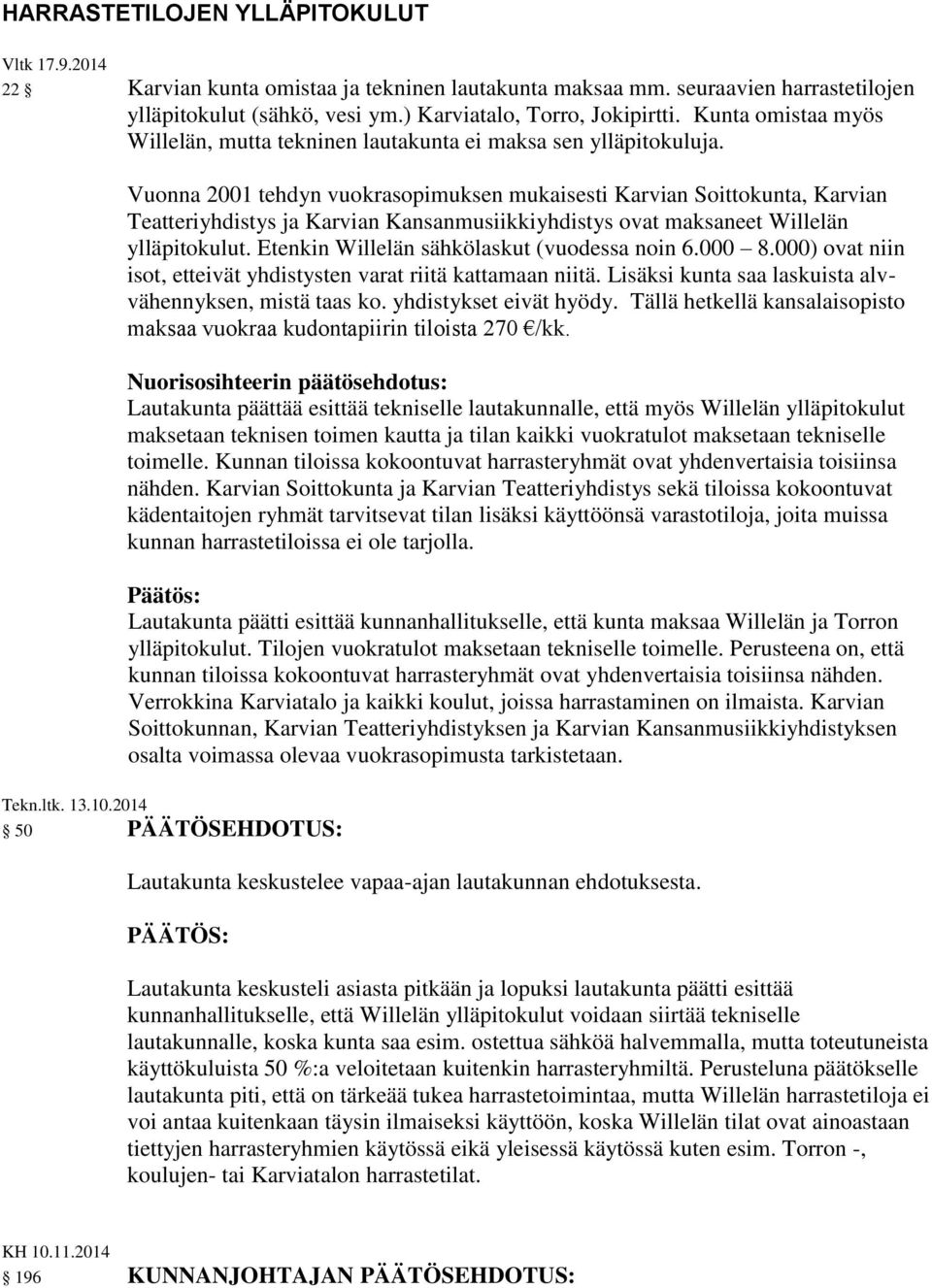 Vuonna 2001 tehdyn vuokrasopimuksen mukaisesti Karvian Soittokunta, Karvian Teatteriyhdistys ja Karvian Kansanmusiikkiyhdistys ovat maksaneet Willelän ylläpitokulut.