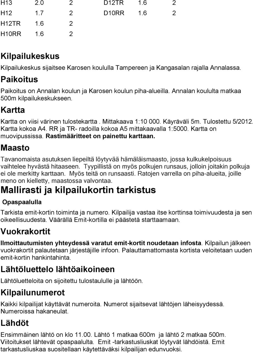 Tulostettu 5/2012. Kartta kokoa A4. RR ja TR- radoilla kokoa A5 mittakaavalla 1:5000. Kartta on muovipussissa. Rastimääritteet on painettu karttaan.