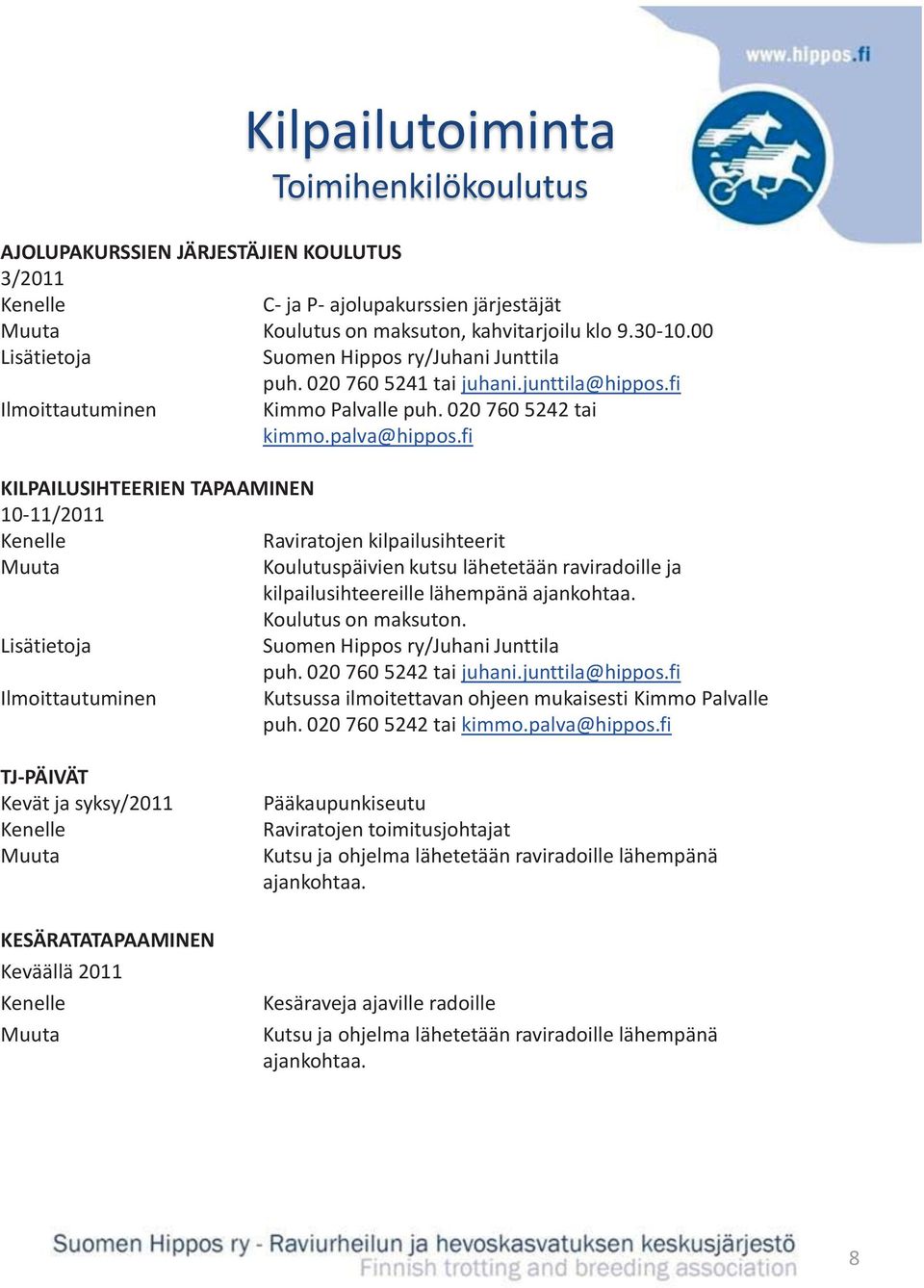 fi KILPAILUSIHTEERIEN TAPAAMINEN 10-11/2011 Raviratojen kilpailusihteerit Koulutuspäivien kutsu lähetetään raviradoille ja kilpailusihteereille lähempänä ajankohtaa. Koulutus on maksuton.