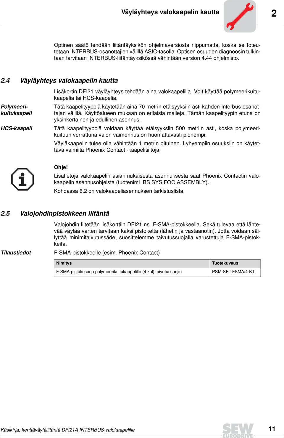 4 Väyläyhteys valokaapelin kautta Polymeerikuitukaapeli HCS-kaapeli Lisäkortin DFI21 väyläyhteys tehdään aina valokaapelilla. Voit käyttää polymeerikuitukaapelia tai HCS-kaapelia.