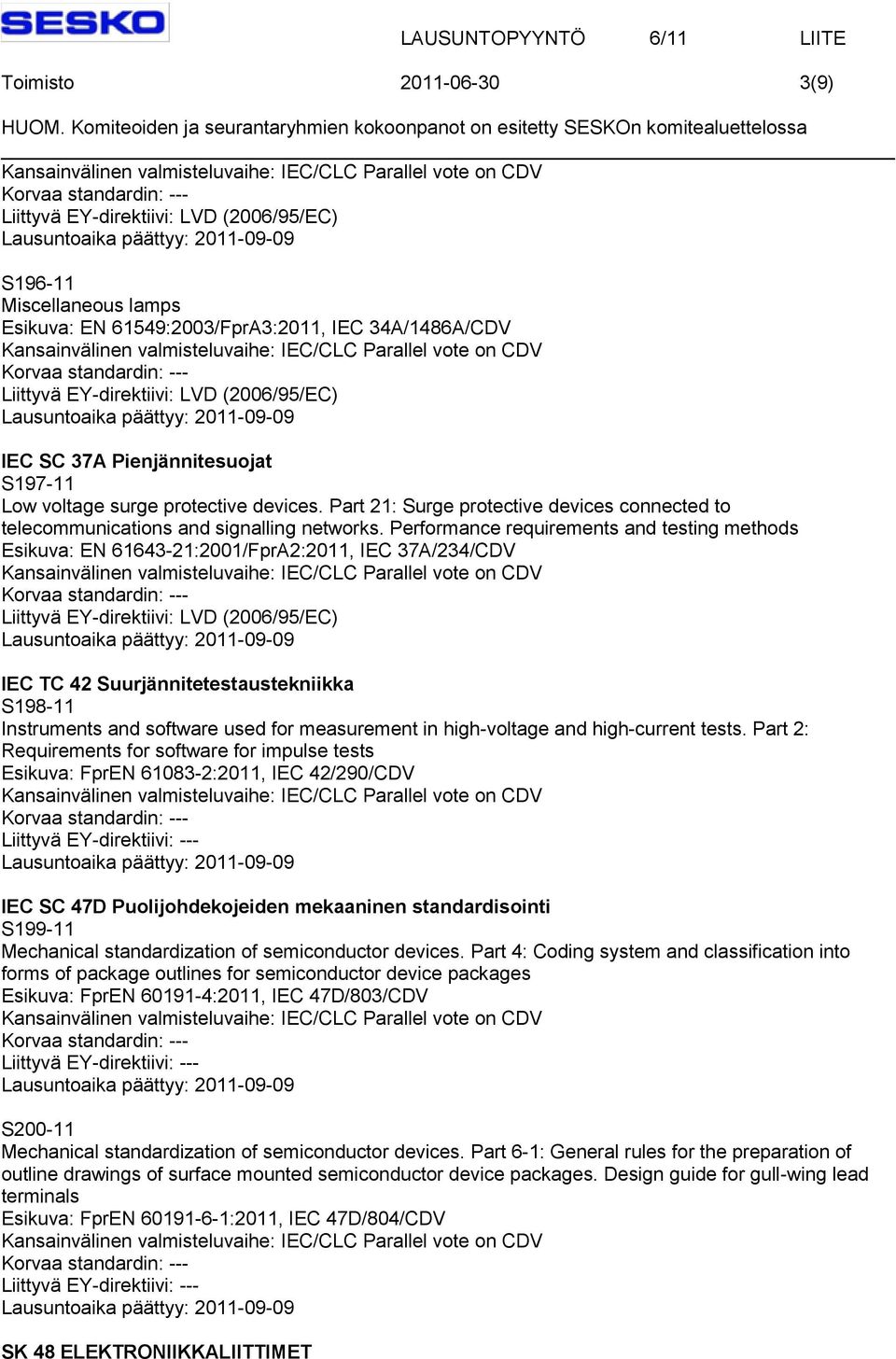 Performance requirements and testing methods Esikuva: EN 61643-21:2001/FprA2:2011, IEC 37A/234/CDV IEC TC 42 Suurjännitetestaustekniikka S198-11 Instruments and software used for measurement in