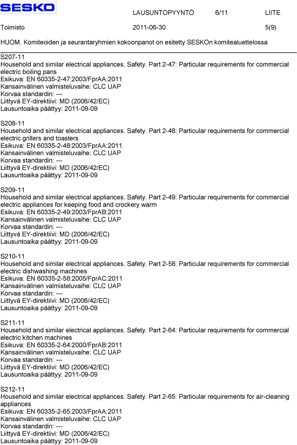 Part 2-48: Particular requirements for commercial electric grillers and toasters Esikuva: EN 60335-2-48:2003/FprAA:2011 S209-11 Household and similar electrical appliances. Safety.