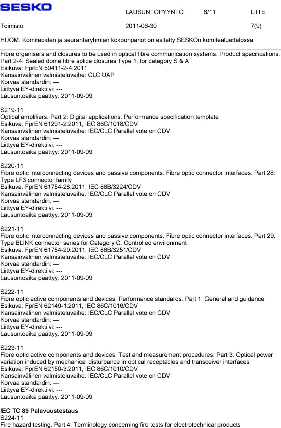 Performance specification template Esikuva: FprEN 61291-2:2011, IEC 86C/1018/CDV S220-11 Fibre optic interconnecting devices and passive components. Fibre optic connector interfaces.