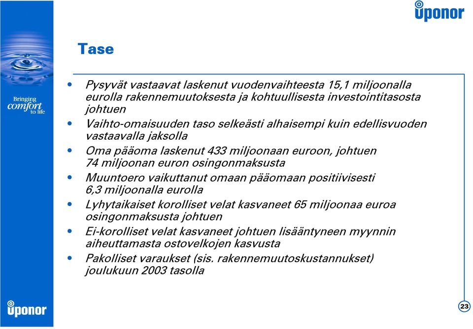 vaikuttanut omaan pääomaan positiivisesti 6,3 miljoonalla eurolla Lyhytaikaiset korolliset velat kasvaneet 65 miljoonaa euroa osingonmaksusta johtuen