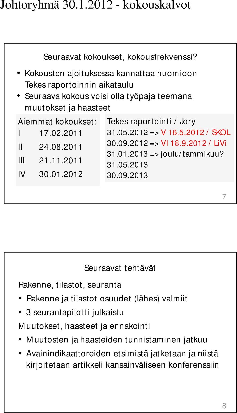 08.2011 III 21.11.2011 IV 30.01.2012 Tekes raportointi / Jory 31.05.2012 => V 16.5.2012 / SKOL 30.09.2012 => VI 18.9.2012 / LiVi 31.01.2013 => joulu/tammikuu? 31.05.2013 30.