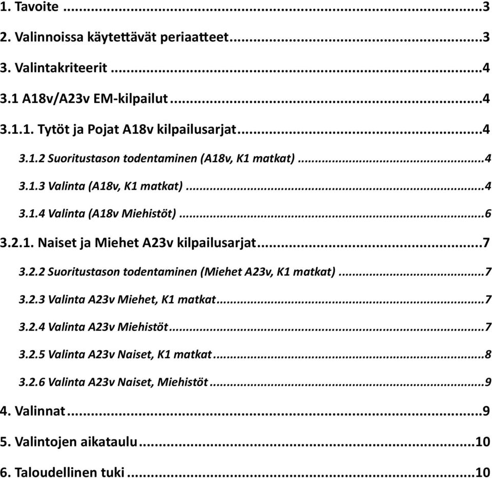 .. 7 3.2.2 Suoritustason todentaminen (Miehet A23v, K1 matkat)... 7 3.2.3 Valinta A23v Miehet, K1 matkat... 7 3.2.4 Valinta A23v Miehistöt... 7 3.2.5 Valinta A23v Naiset, K1 matkat.