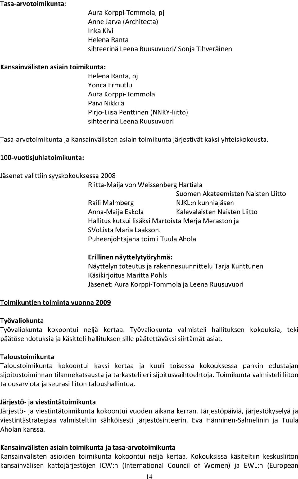 100-vuotisjuhlatoimikunta: Jäsenet valittiin syyskokouksessa 2008 Riitta-Maija von Weissenberg Hartiala Suomen Akateemisten Naisten Liitto Raili Malmberg NJKL:n kunniajäsen Anna-Maija Eskola