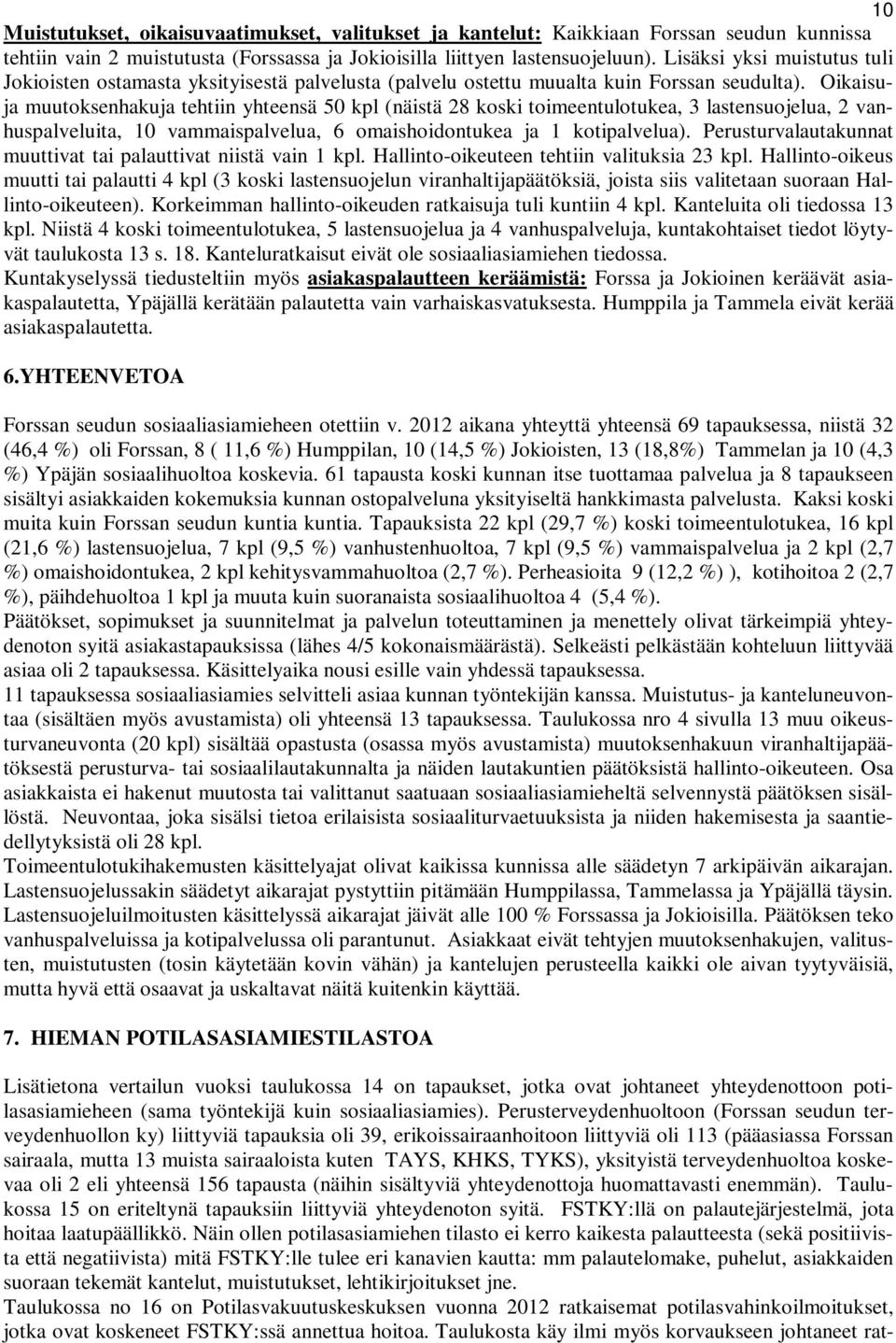 Oikaisuja muutoksenhakuja tehtiin yhteensä 50 kpl (näistä 28 koski toimeentulotukea, 3 lastensuojelua, 2 vanhuspalveluita, 10 vammaispalvelua, 6 omaishoidontukea ja 1 kotipalvelua).