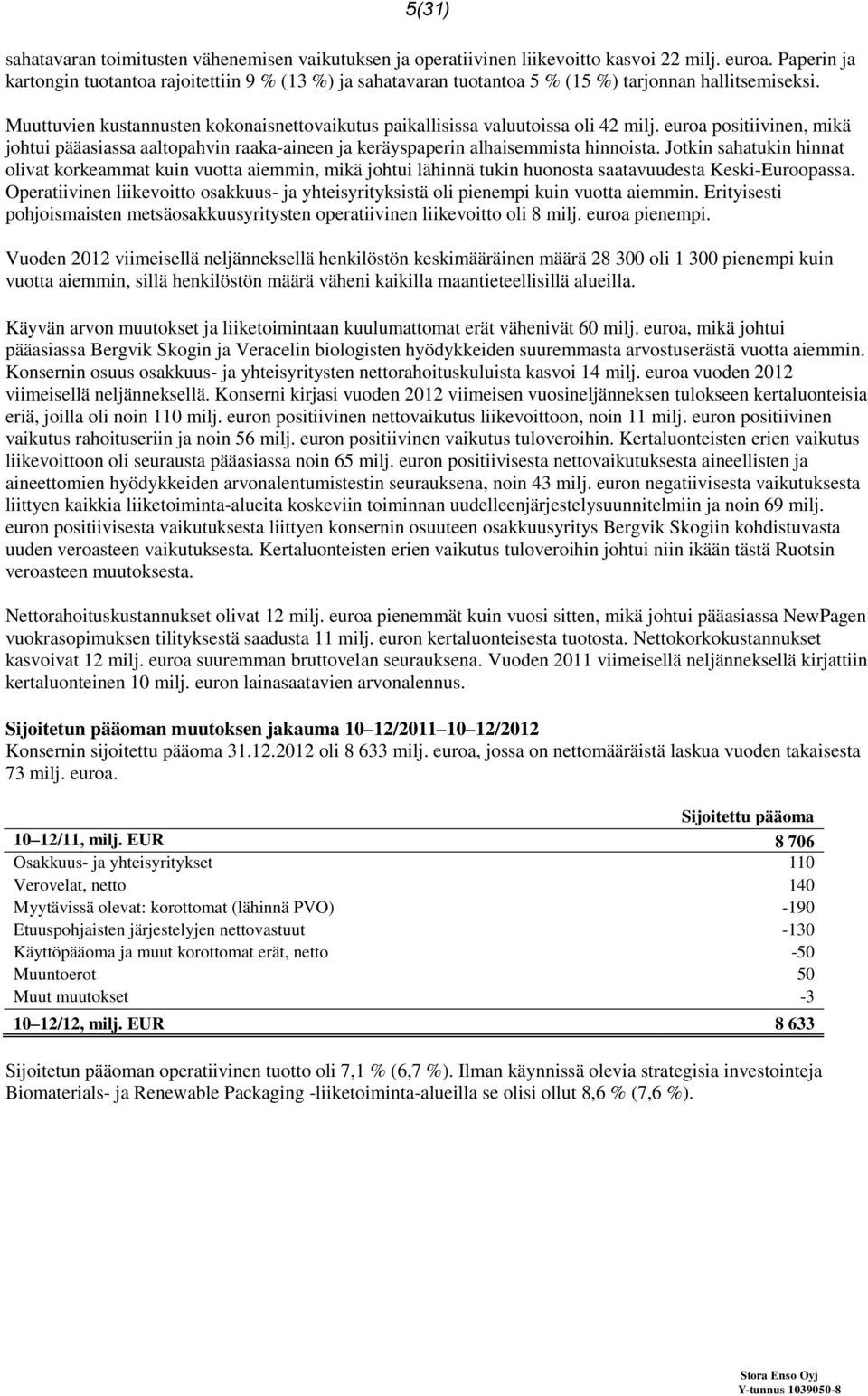 euroa positiivinen, mikä johtui pääasiassa aaltopahvin raaka-aineen ja keräyspaperin alhaisemmista hinnoista.
