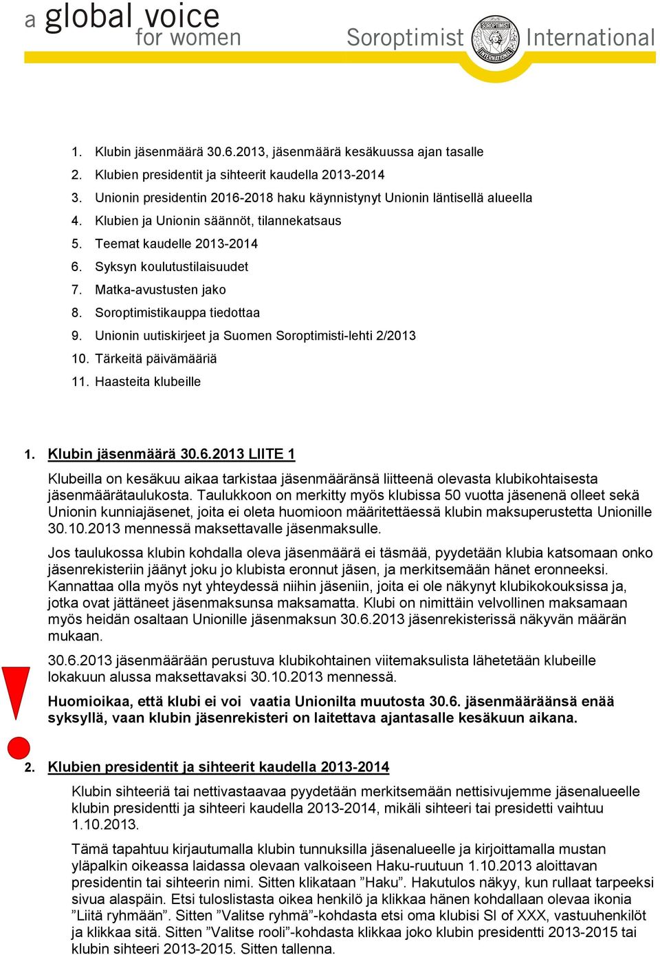 Matka-avustusten jako 8. Soroptimistikauppa tiedottaa 9. Unionin uutiskirjeet ja Suomen Soroptimisti-lehti 2/2013 10. Tärkeitä päivämääriä 11. Haasteita klubeille 1. Klubin jäsenmäärä 30.6.