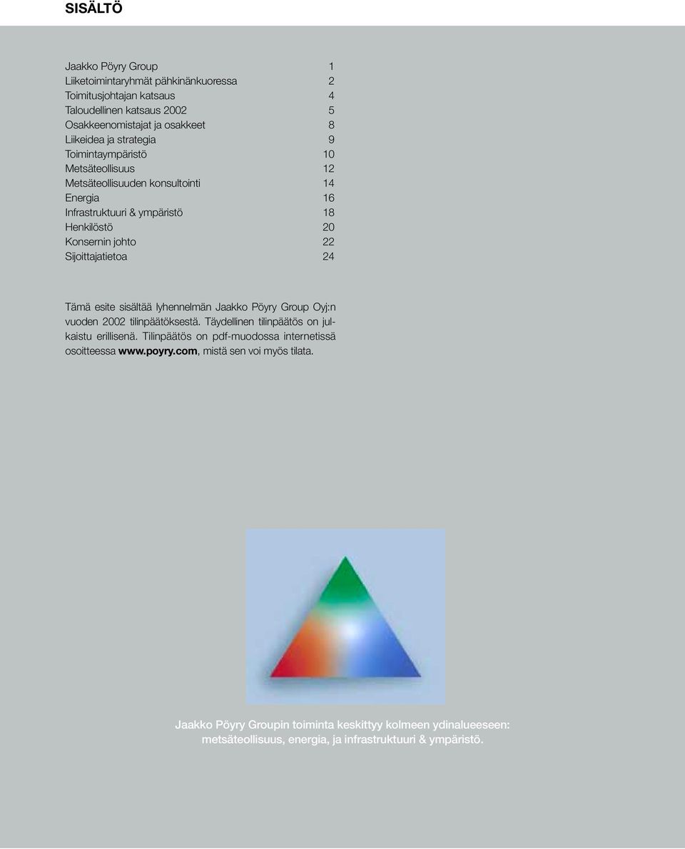 Sijoittajatietoa 24 Tämä esite sisältää lyhennelmän Jaakko Pöyry Group Oyj:n vuoden 2002 tilinpäätöksestä. Täydellinen tilinpäätös on julkaistu erillisenä.