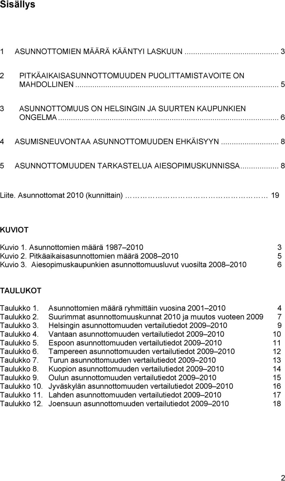 Asunnottomien määrä 1987 2010 3 Kuvio 2. Pitkäaikaisasunnottomien määrä 2008 2010 5 Kuvio 3. Aiesopimuskaupunkien asunnottomuusluvut vuosilta 2008 2010 6 TAULUKOT Taulukko 1.