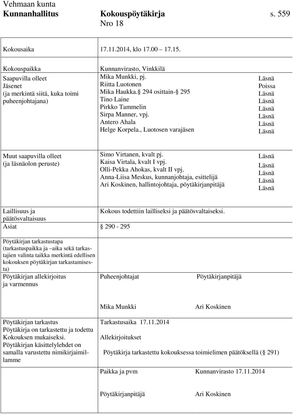 294 osittain- 295 Tino Laine Pirkko Tammelin Sirpa Manner, vpj. Antero Ahala Helge Korpela., Luotosen varajäsen Poissa Muut saapuvilla olleet (ja läsnäolon peruste) Simo Virtanen, kvalt pj.