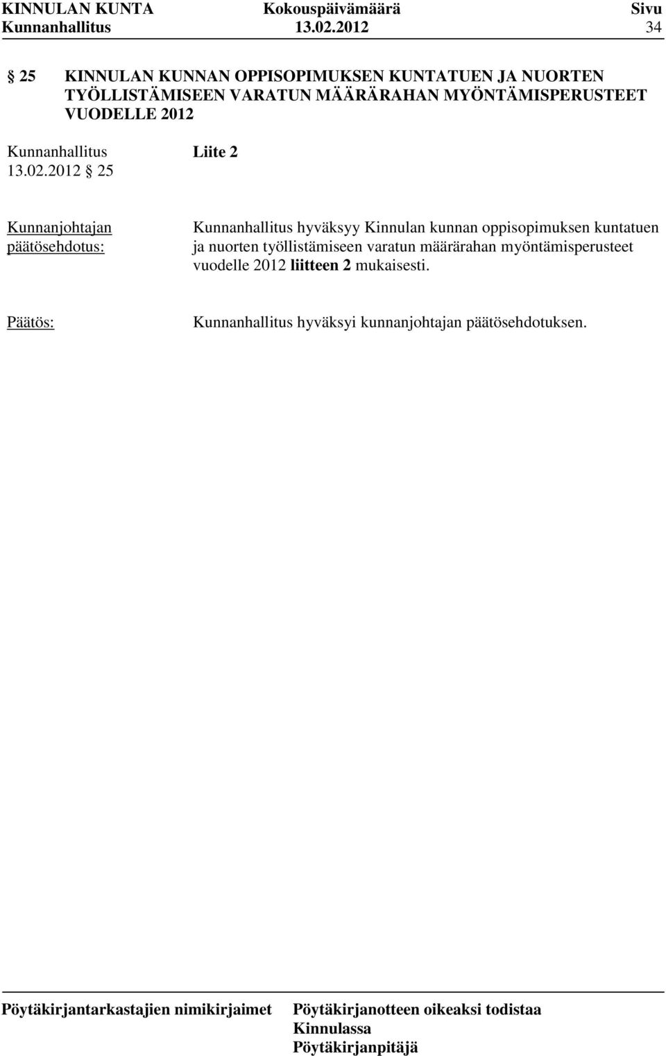 MÄÄRÄRAHAN MYÖNTÄMISPERUSTEET VUODELLE 2012 2012 25 Liite 2 hyväksyy Kinnulan kunnan