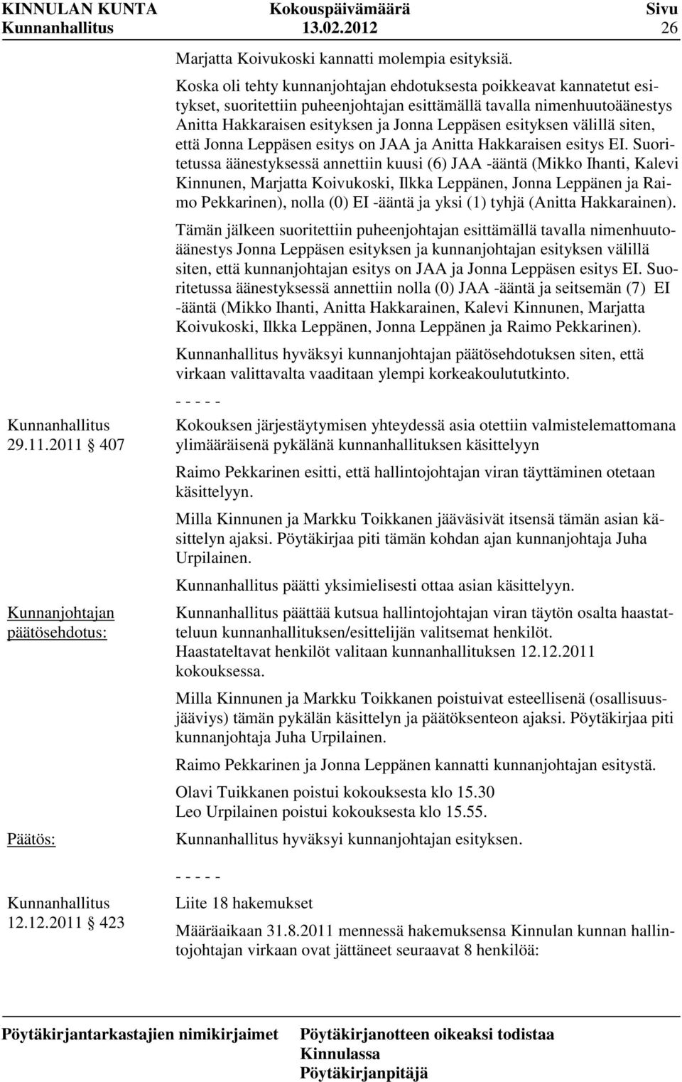 esityksen välillä siten, että Jonna Leppäsen esitys on JAA ja Anitta Hakkaraisen esitys EI.
