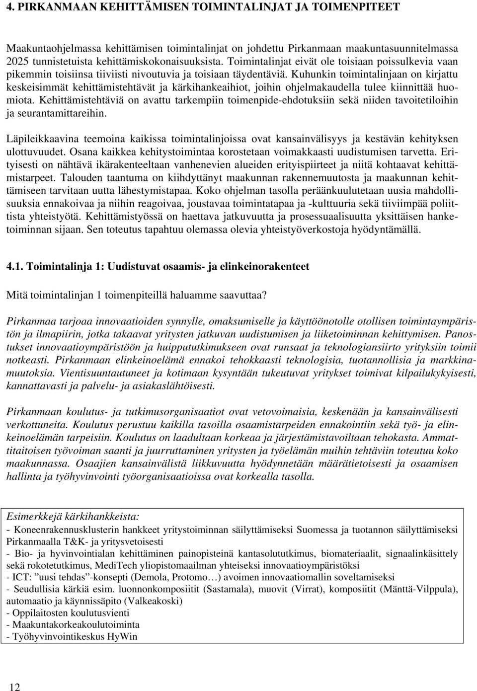 Kuhunkin toimintalinjaan on kirjattu keskeisimmät kehittämistehtävät ja kärkihankeaihiot, joihin ohjelmakaudella tulee kiinnittää huomiota.