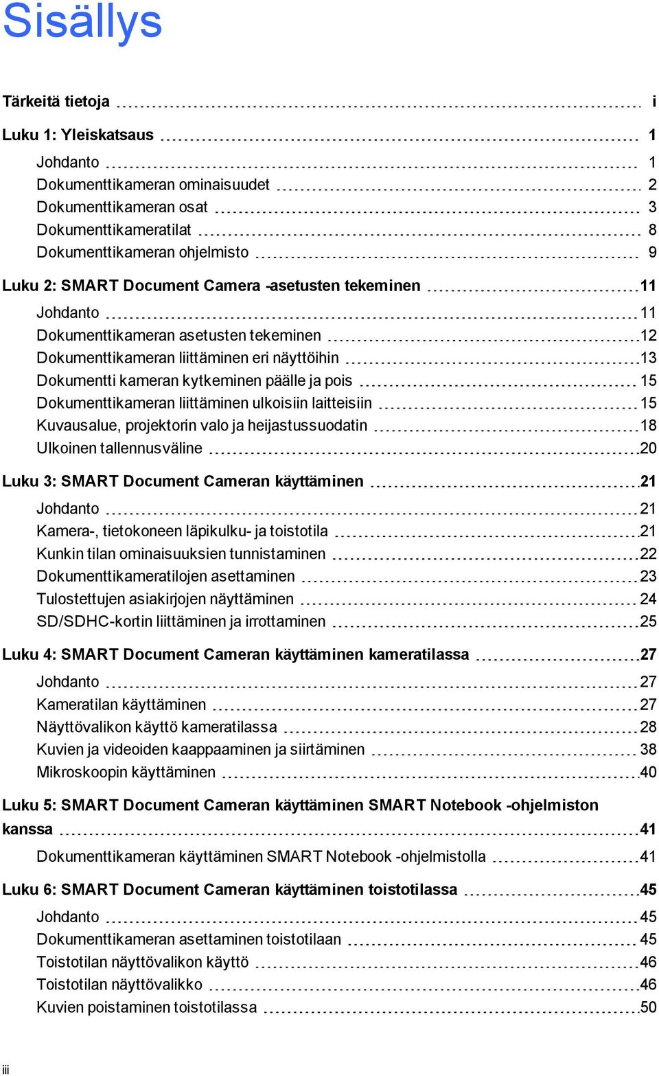 ulkisiin laitteisiin 15 Kuvausalue, prjektrin val ja heijastussudatin 18 Ulkinen tallennusväline 20 Luku 3: SMART Dcument Cameran käyttäminen 21 Jhdant 21 Kamera-, tietkneen läpikulku- ja tisttila 21