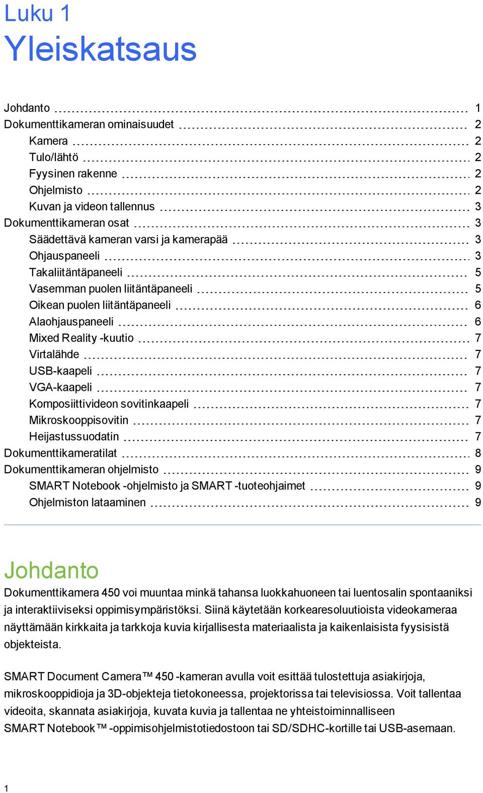 Kmpsiittividen svitinkaapeli 7 Mikrskppisvitin 7 Heijastussudatin 7 Dkumenttikameratilat 8 Dkumenttikameran hjelmist 9 SMART Ntebk -hjelmist ja SMART -tutehjaimet 9 Ohjelmistn lataaminen 9 Jhdant