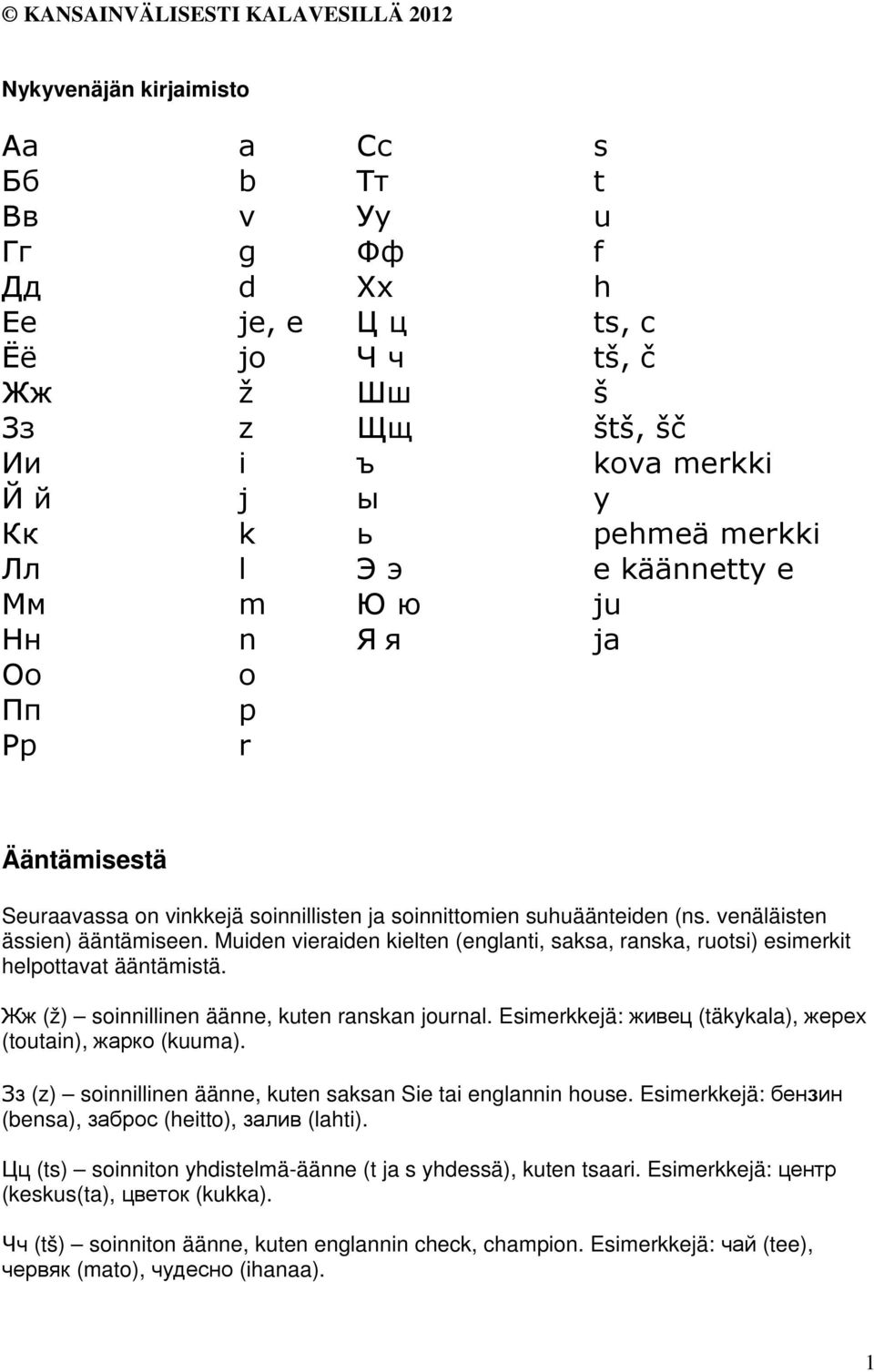 Muiden vieraiden kielten (englanti, saksa, ranska, ruotsi) esimerkit helpottavat ääntämistä. Жж (ž) soinnillinen äänne, kuten ranskan journal.