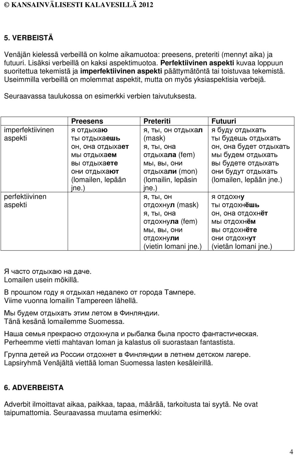 Useimmilla verbeillä on molemmat aspektit, mutta on myös yksiaspektisia verbejä. Seuraavassa taulukossa on esimerkki verbien taivutuksesta.