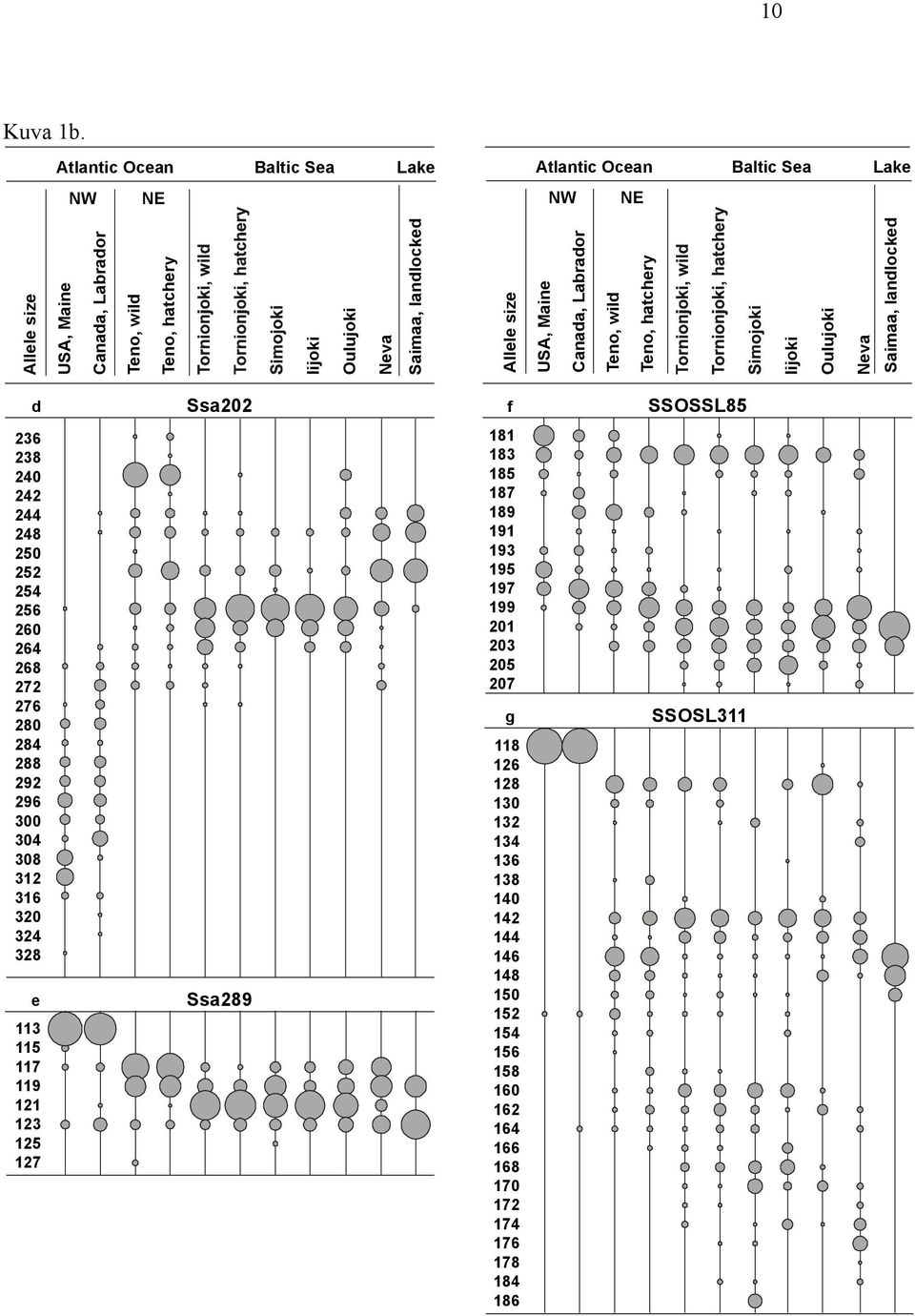 landlocked Allele size USA, Maine Canada, Labrador Teno, wild Teno, hatchery Saimaa, landlocked d Ssa202 f SSOSSL85 236 238 240 242 244 248 250 252 254