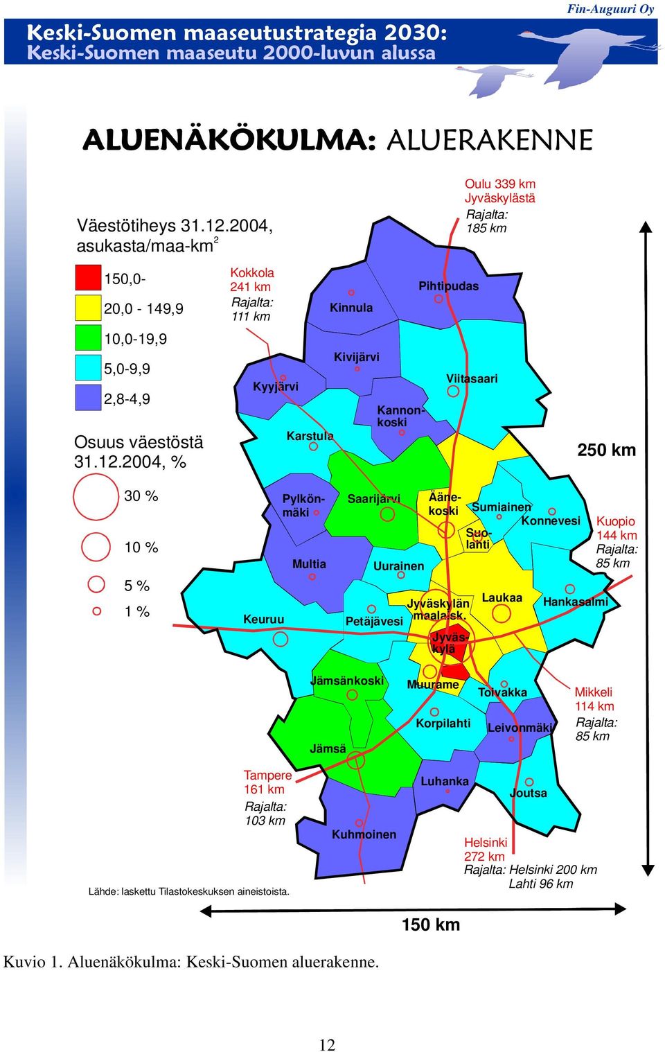 2004, % Kokkola 241 km Rajalta: 111 km Kyyjärvi Karstula Kinnula Kivijärvi Pihtipudas Oulu 339 km Jyväskylästä Rajalta: 185 km Viitasaari 250 km 30 % 10 % 5 % 1 % Keuruu Kannonkoski Pylkönmäki Multia