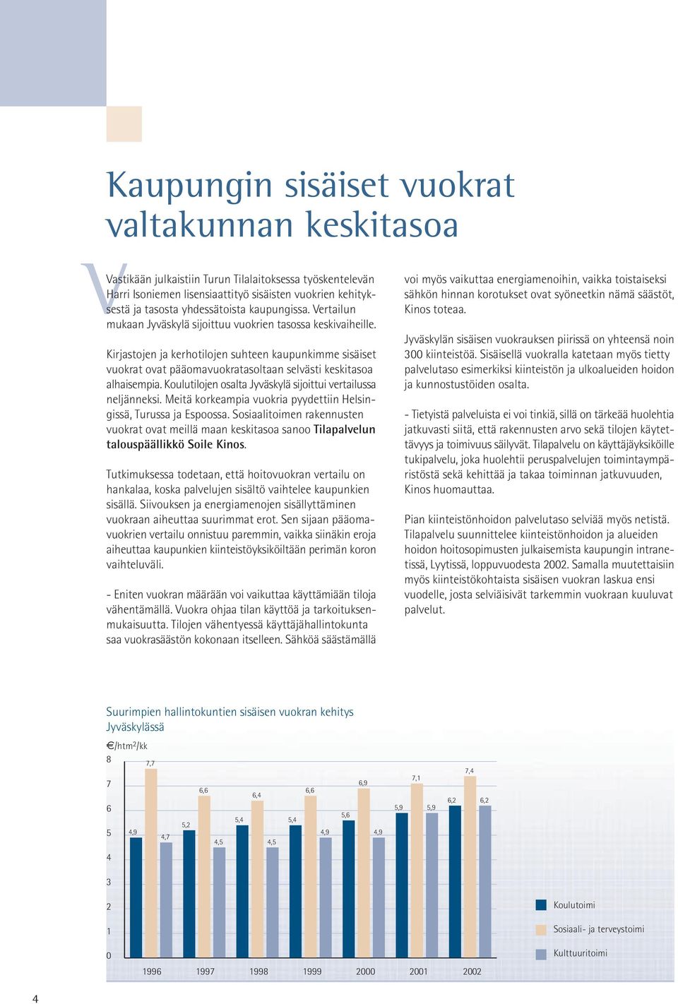 Kirjastojen ja kerhotilojen suhteen kaupunkimme sisäiset vuokrat ovat pääomavuokratasoltaan selvästi keskitasoa alhaisempia. Koulutilojen osalta Jyväskylä sijoittui vertailussa neljänneksi.