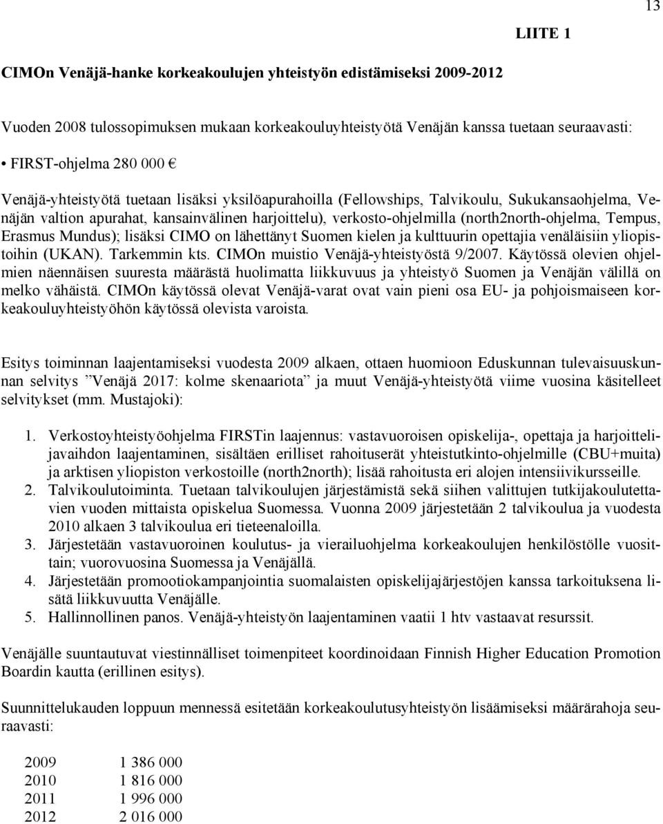 Tempus, Erasmus Mundus); lisäksi CIMO on lähettänyt Suomen kielen ja kulttuurin opettajia venäläisiin yliopistoihin (UKAN). Tarkemmin kts. CIMOn muistio Venäjä-yhteistyöstä 9/2007.