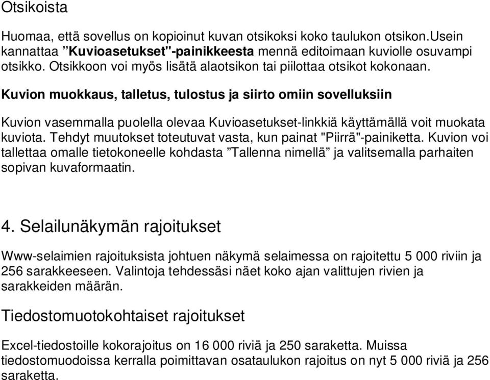 Kuvion muokkaus, talletus, tulostus ja siirto omiin sovelluksiin Kuvion vasemmalla puolella olevaa Kuvioasetukset-linkkiä käyttämällä voit muokata kuviota.