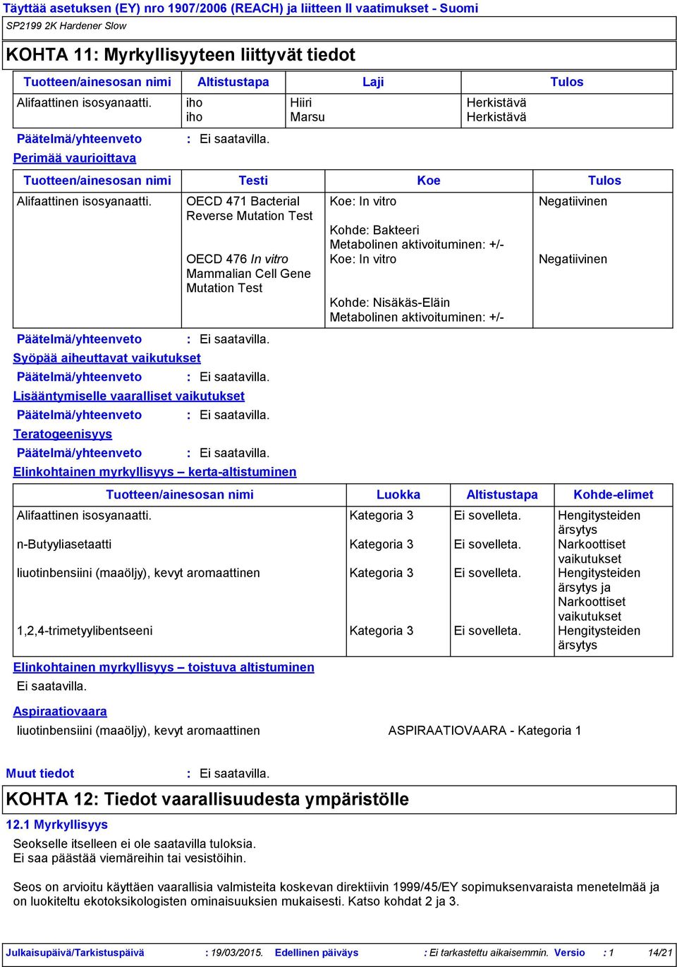 Päätelmä/yhteenveto Syöpää aiheuttavat vaikutukset Päätelmä/yhteenveto OECD 471 Bacterial Reverse Mutation Test OECD 476 In vitro Mammalian Cell Gene Mutation Test Lisääntymiselle vaaralliset