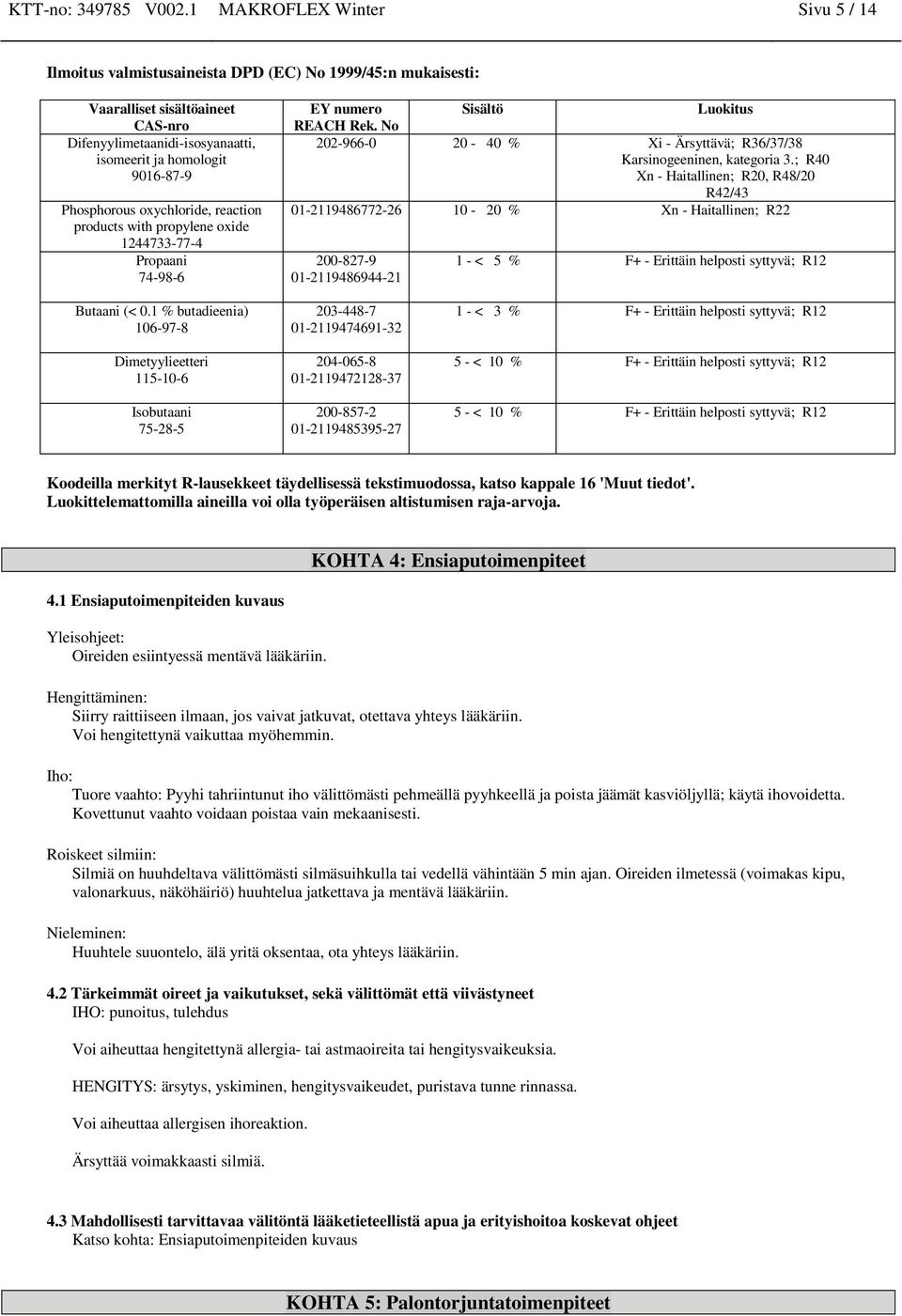 products Propaani 74-98-6 EY numero REACH Rek. No Sisältö Luokitus 202-966-0 20-40 % Xi - Ärsyttävä; R36/37/38 Karsinogeeninen, kategoria 3.