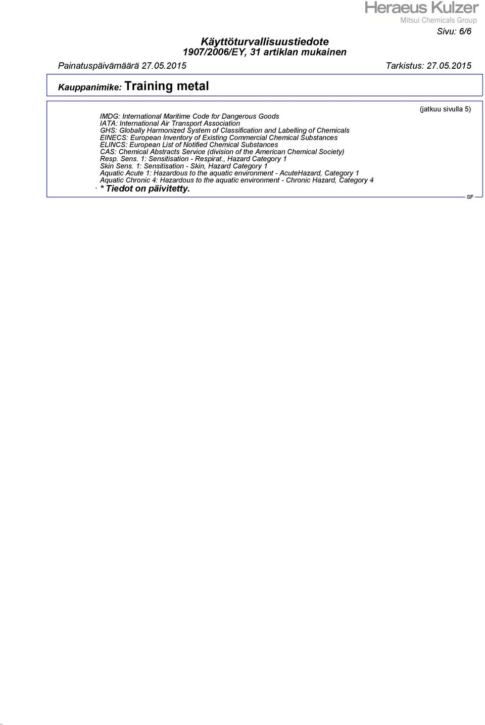 of the American Chemical Society) Resp. Sens. 1: Sensitisation - Respirat., Hazard Category 1 Skin Sens.