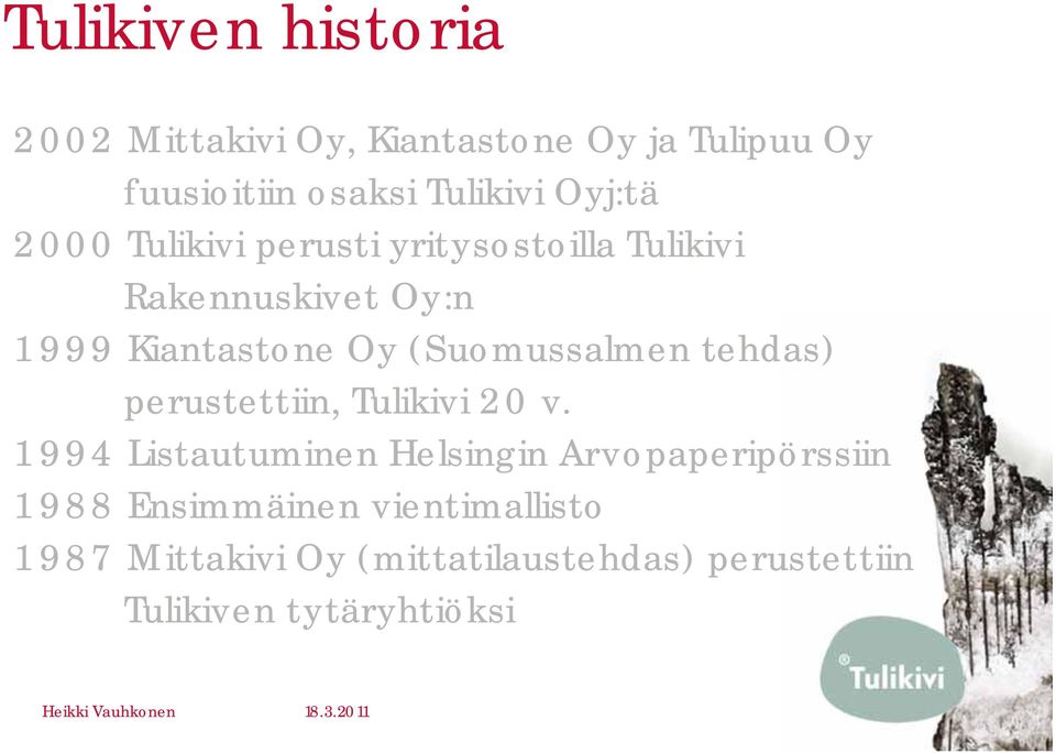 (Suomussalmen tehdas) perustettiin, Tulikivi 20 v.