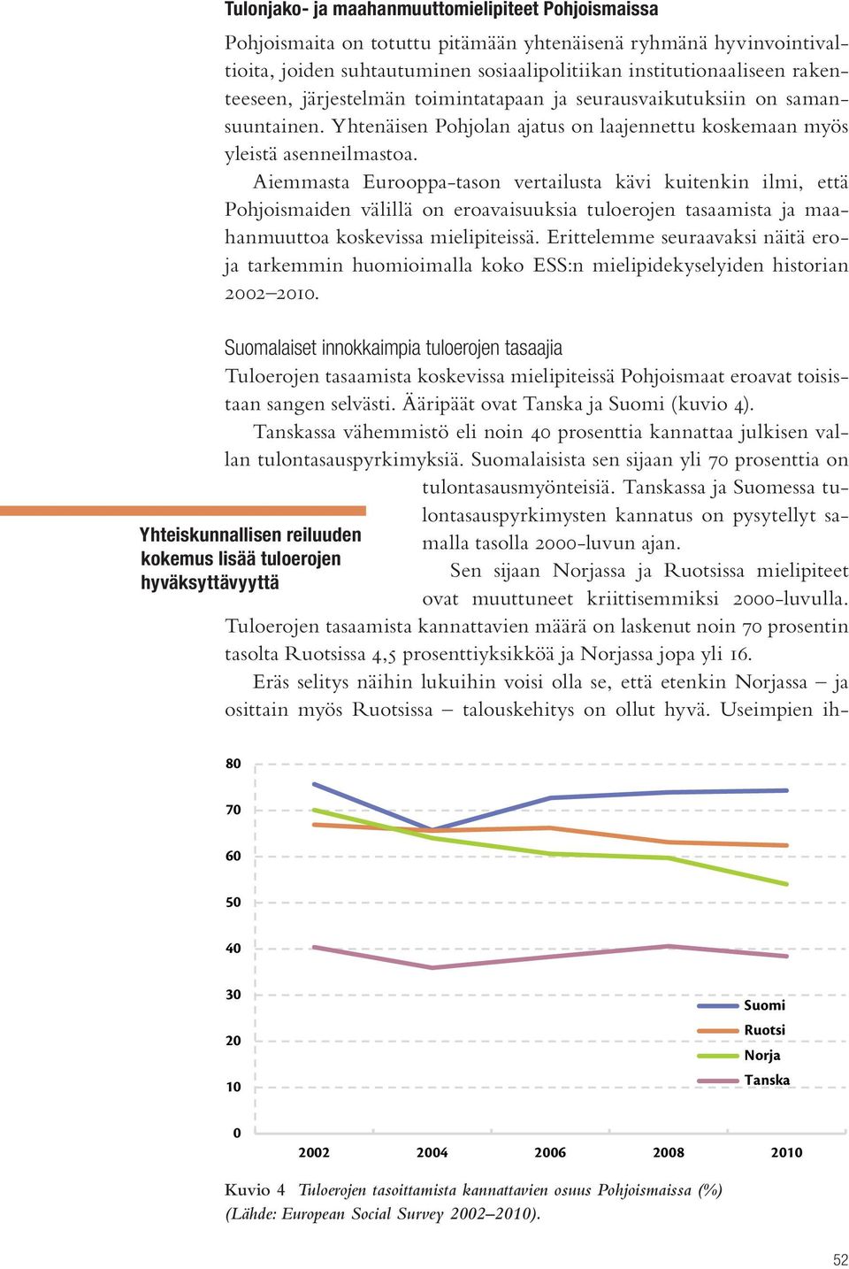 Aiemmasta Eurooppa-tason vertailusta kävi kuitenkin ilmi, että Pohjoismaiden välillä on eroavaisuuksia tuloerojen tasaamista ja maahanmuuttoa koskevissa mielipiteissä.