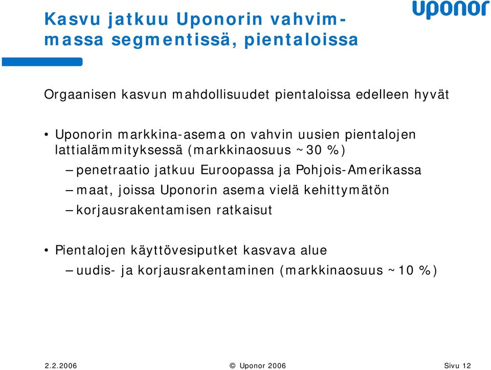 (markkinaosuus ~30 %) penetraatio jatkuu Euroopassa ja Pohjois-Amerikassa maat, joissa Uponorin asema vielä