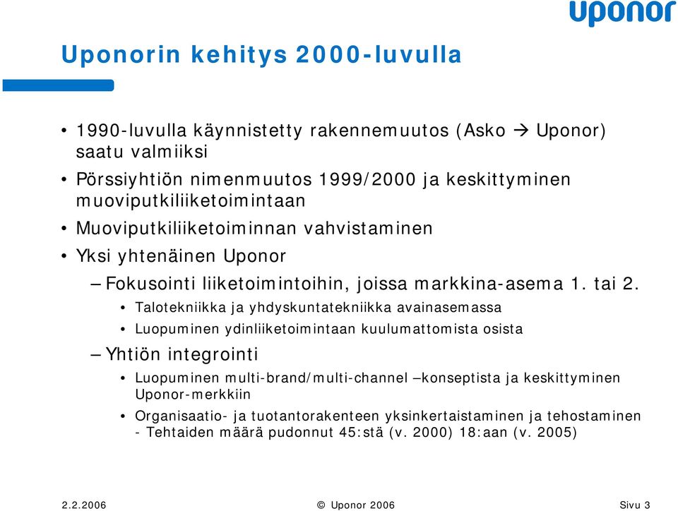 Talotekniikka ja yhdyskuntatekniikka avainasemassa Luopuminen ydinliiketoimintaan kuulumattomista osista Yhtiön integrointi Luopuminen multi-brand/multi-channel